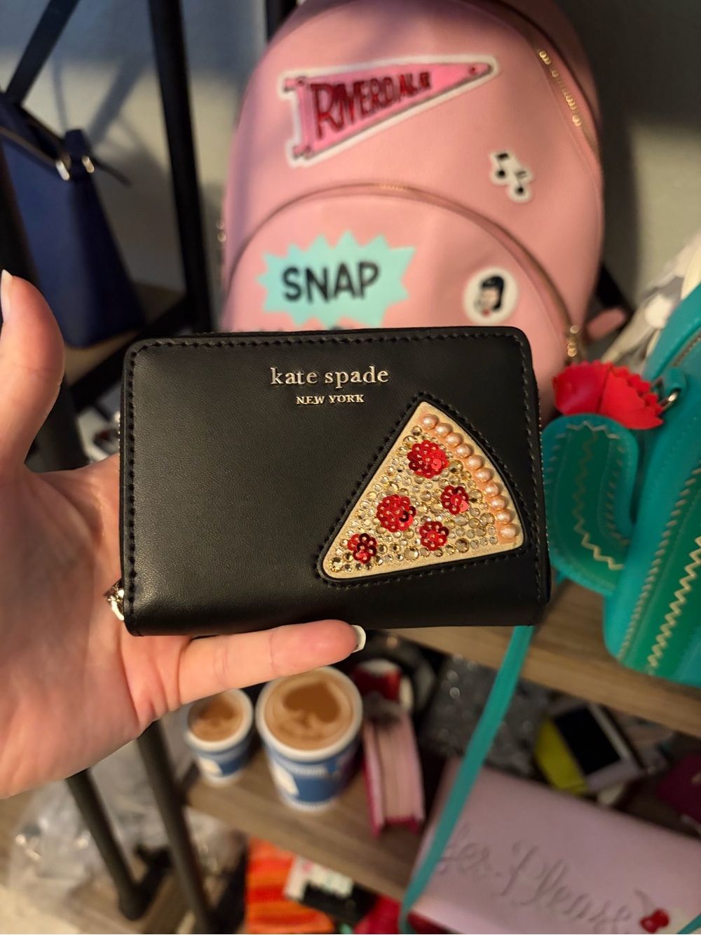 kate spade Black Compact Wallet with Jeweled Pizza Patch